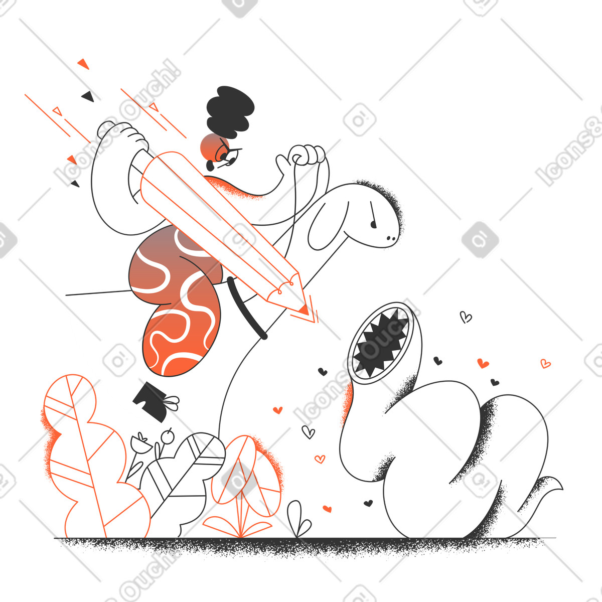 Woman on a horse battling giant worm illustration in PNG, SVG
