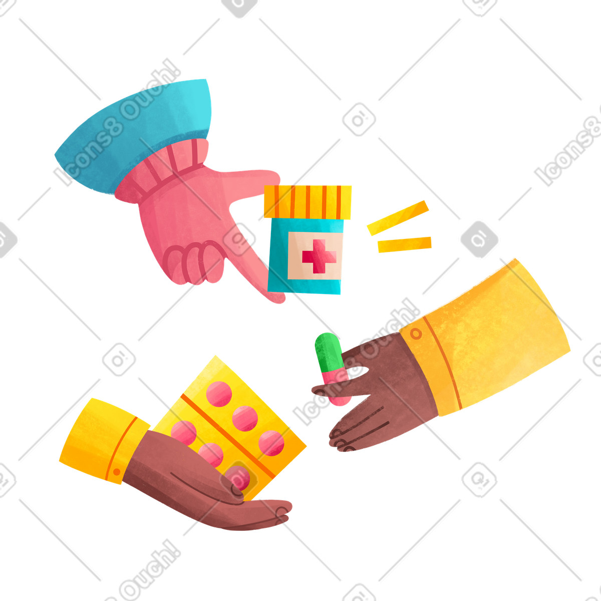 Hände mit verschiedenen medikamenten und pillen-Illustration im Bonbon-Stil als Download in PNG, SVG