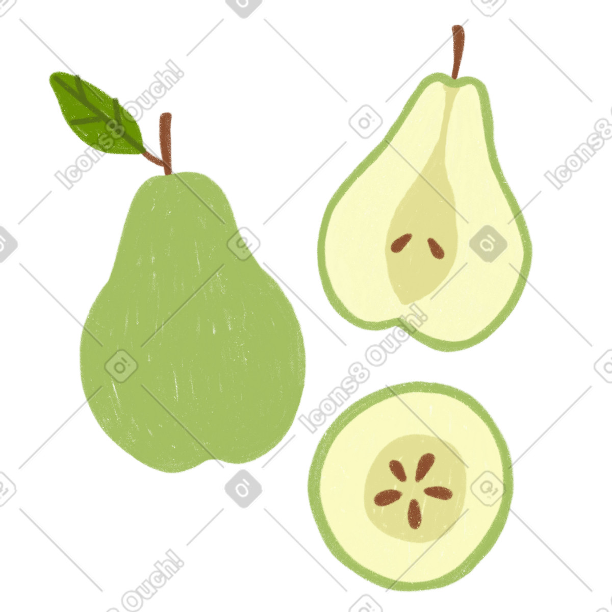 Ilustración Pera, media pera y una rodaja de en estilo Cozy a descargar en PNG SVG