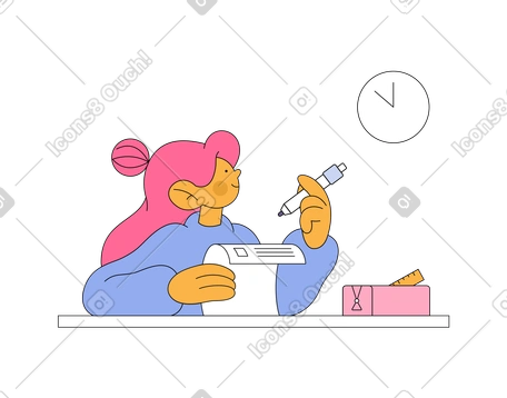 Girl taking test and looking at clock PNG, SVG