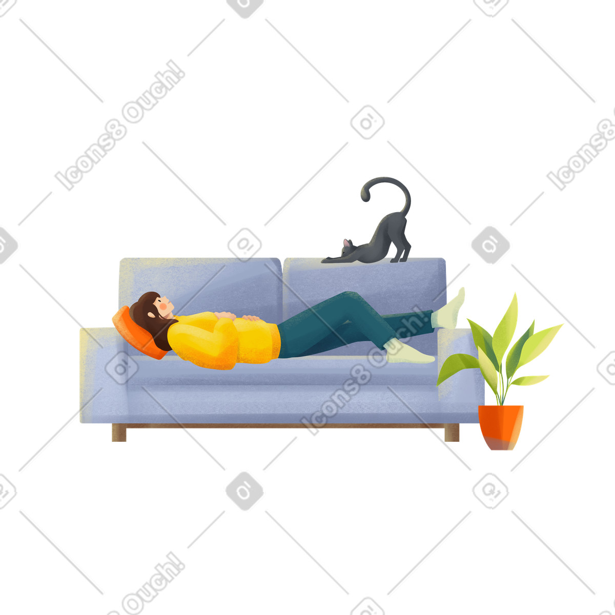 Young woman in yellow sweater lying on sofa with a cat illustration Shine style download PNG, SVG