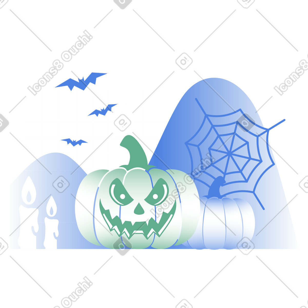 Ilustración Calabaza malvada, velas, murciélagos y telaraña. en estilo Network a descargar en PNG SVG