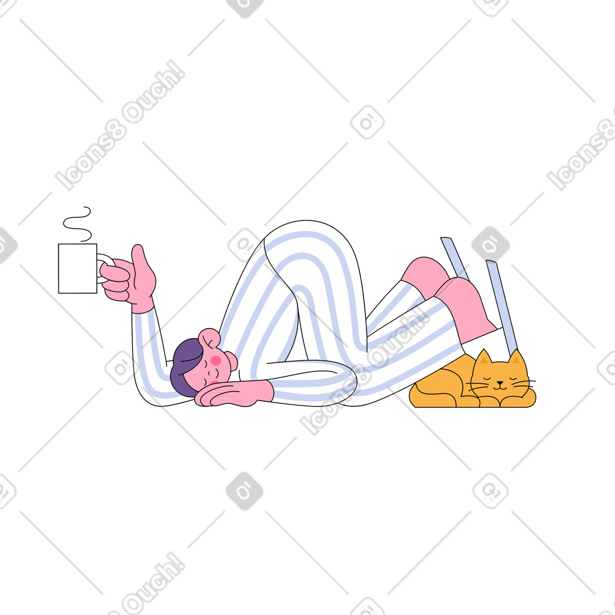 Ilustración Hombre soñoliento en pijama con taza de café tropezó gato estilo Bloom a descargar PNG y SVG
