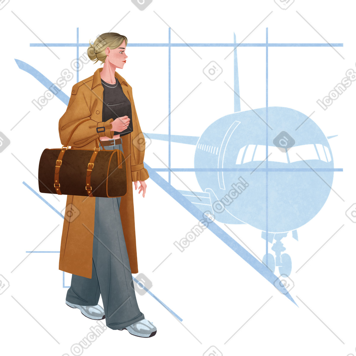 Lifestyle スタイルの Woman walking in airport terminal のイラストをPNG、SVG形式でダウンロード