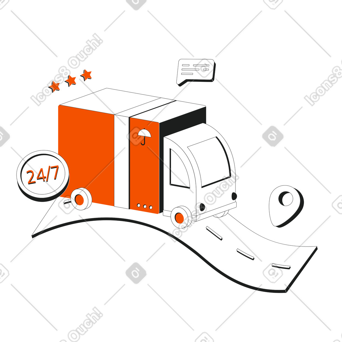 Moving truck on mapped route, 24/7 shipping and logistics service illustration in Strict style download in PNG, SVG