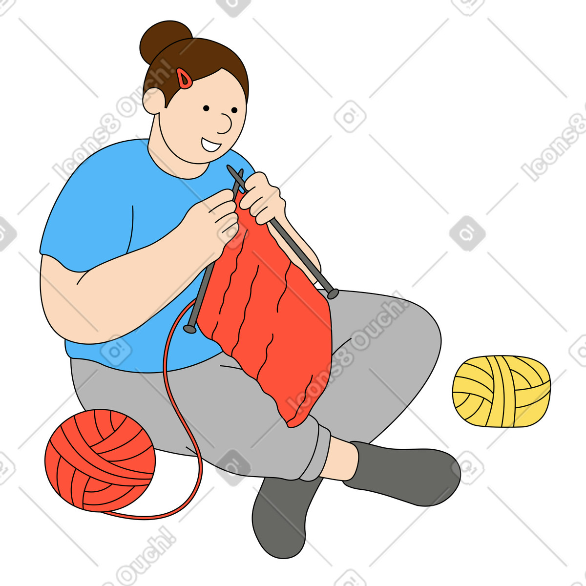 Ilustración Disfrutando de un hobby, mujer tejiendo en estilo Kindy a descargar en PNG y SVG