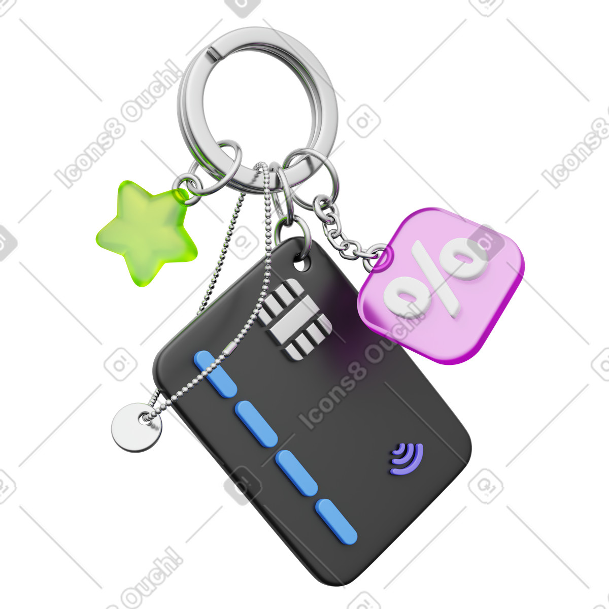 Credit card keychain with discount tag, loyalty program and cashback offer illustration in PNG, SVG