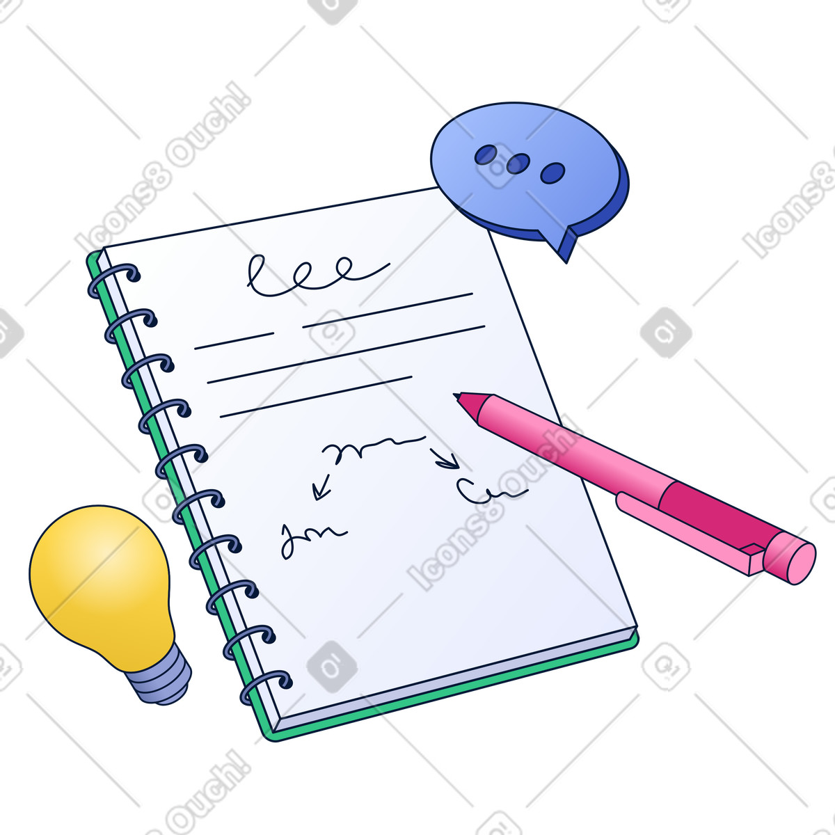Illustration Bloc-notes, ampoule et bulle de discussion, séance brainstorming, génération d'idées notes créatives dans le style Neat à télécharger aux formats PNG, SVG