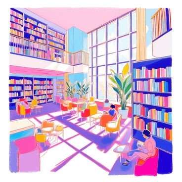 A modernist library features an open design that emphasizes spaciousness. The ceiling is high, allowing natural light to flood the interior through large windows. Shelves are arranged in geometric patterns, creating a visually striking layout. Each shelf is filled with books of various sizes and colors. There are comfortable seating areas with contemporary chairs and tables scattered throughout the space. Potted plants are placed near the windows, adding a touch of greenery to the environment. A few people are seen reading or studying quietly in different sections of the library.