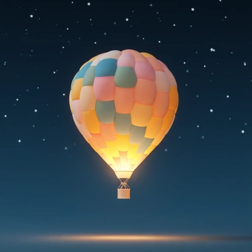 A large hot air balloon, featuring a vibrant multicolored fabric pattern, is illuminated from within, casting a warm glow. The balloon is gently floating in the air beneath a clear, starry night sky filled with countless bright stars. The dark blue backdrop of the night sky contrasts beautifully with the warm light emanating from the balloon. The basket of the balloon is visible, with a simple design and a sturdy rope tethering it to the ground below.