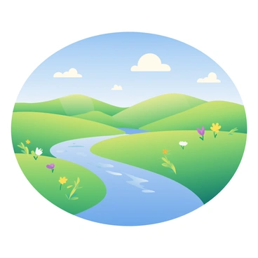 A bright landscape features rolling hills with vibrant green grass under a clear blue sky. In the foreground, a small, winding river flows gently, reflecting the sunlight. The hills are dotted with a variety of wildflowers in colors such as yellow, purple, and white. A few fluffy white clouds are scattered across the sky, casting soft shadows on the hills. The scene conveys a sense of openness and tranquility, inviting a closer look at the natural beauty surrounding the river.