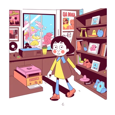 A cartoon character with large expressive eyes is browsing through a vintage store filled with various antiques and retro items. The character is wearing a colorful outfit with oversized shoes and a playful expression. Shelves are lined with an assortment of items, including an old record player, vinyl records, and vintage hats. A bright orange cash register sits at the counter, and colorful posters from the past adorn the walls. Sunlight streams through a window, casting a warm glow on the scene.