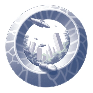 A swirling portal in the center of the image displays intricate patterns and depths. Through the portal, there are glimpses of "ancient dinosaurs" roaming amidst lush vegetation, their large silhouettes outlined against the vibrant natural scenery. The environment transitions into "modern skyscrapers" that reach towards the sky, showcasing sleek glass facades and intricate architectural details. In the foreground, "futuristic flying cars" soar through the air, their streamlined designs reflecting light as they navigate between the towering buildings. The overall composition captures the dynamic interplay between different eras and elements within the swirling portal.