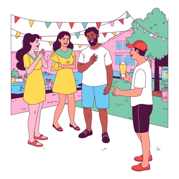 A group of four neighbors are standing face to face during a block party, engaged in a lively conversation. Two women, one wearing a yellow summer dress and the other in a teal top, are laughing heartily. The man next to them, dressed in a white t-shirt and blue shorts, has a big smile as he listens. The fourth neighbor, wearing a red cap, is animatedly telling a story with expressive hand gestures. In the background, colorful decorations are hung across the street, and a table filled with food and drinks is set nearby.
