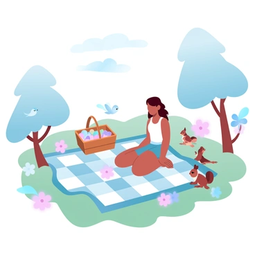 A Polly Pocket figure is sitting on a small checkered blanket spread out on the grass in a miniature forest clearing. She is surrounded by tiny trees and vibrant flowers. Next to her, there is a picnic basket filled with colorful snacks. Small birds are perched on nearby branches, and a couple of playful squirrels are seen in the grass nearby. The scene is filled with gradient pastel colors, creating a cheerful and whimsical atmosphere.