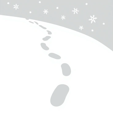 Footsteps in fresh white snow leading up a gently sloping hill. The snow is smooth and untouched except for the clear impressions of the footsteps. Delicate snowflakes are gently falling from a gray sky, each flake visible against the white backdrop. The scene captures the stillness of winter with a sense of depth and the peacefulness of a snowy landscape.