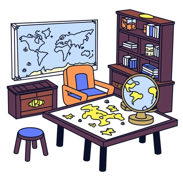 Inside a pirate captain's quarters, there is a large wooden table covered in various maps with detailed illustrations of islands and sea routes. A brass compass rests prominently on the table, its needle pointing true north. Nearby, a globe stands on a wooden pedestal, showcasing a vintage-style world map with faded colors. The room is adorned with dark wooden shelves filled with books and navigational tools. A weathered leather chair sits in one corner, and an ornate wooden chest is positioned against the wall, hinting at hidden treasures. The atmosphere is filled with an air of adventure and exploration.