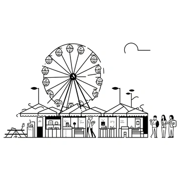 A country fair scene with several food stalls arranged in a row, each displaying a variety of food items such as popcorn, cotton candy, and hot dogs. In the background, a large Ferris wheel is towering over the fairgrounds, with intricate details visible on each of its cars. People are walking around, some holding food items, while others are engaged in conversations. The sky above is clear, providing a bright backdrop to the fair atmosphere. The ground is covered with grass, with a few scattered picnic tables.