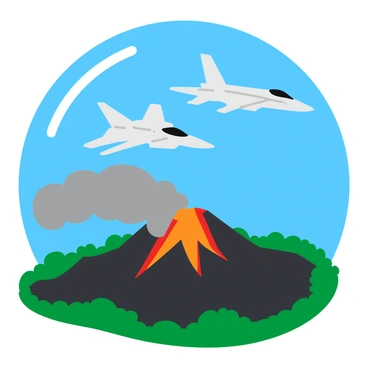 An F5 jet soaring through a clear blue sky, with its wings outstretched and engines roaring. Below the jet, an active volcano erupts, spewing vibrant orange and red lava from its crater. Thick gray plumes of smoke rise into the air, creating a dramatic contrast against the bright colors of the lava. The landscape surrounding the volcano features dark, rugged terrain, dotted with patches of green vegetation. The scene captures the power of nature and technology in a dynamic composition.