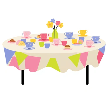 A round tea party table covered with a vibrant tablecloth, set outdoors. "Colorful teacups" in various shades of blue, pink, yellow, and green are illustrated with playful patterns. The teacups have delicate handles and whimsical designs, appearing to dance around the table. Various plates with assorted pastries are placed on the table, adding to the festive atmosphere. A couple of cheerful flowers in bright hues sit in a small vase at the center of the table.