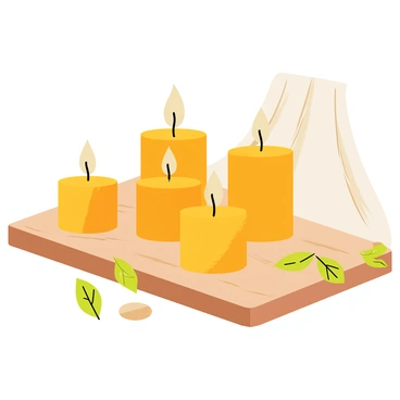 A wooden table with a smooth surface, featuring several "orange candles" that are flickering softly. The candles are arranged in a decorative pattern, casting a warm glow. Surrounding the table are small pebbles and green leaves that complement the scene. In the background, there are hints of a soft fabric draping, adding texture to the setting.