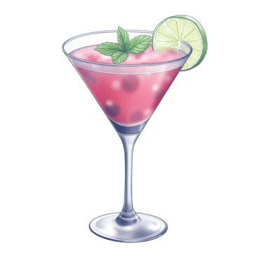 A cocktail glass filled with a vibrant raspberry drink. The glass is elegantly shaped with a thin rim and a slightly curved body. Fresh mint leaves are arranged on top of the drink, adding a textured layer. A slice of lime is positioned on the rim of the glass, contrasting with the round shape of the cocktail. The liquid appears translucent, showcasing the freshness of the raspberries within. The scene is set against a smooth surface, enhancing the drink's visual appeal.