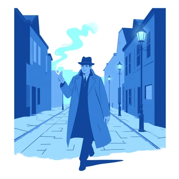 A blue detective wearing a long trench coat is walking down a deserted street shrouded in white fog at dawn. The detective holds a lit cigarette in his right hand, the smoke curling upwards into the misty air. Dim streetlights cast a soft glow, illuminating the cobblestone path. Shadows of old buildings loom on either side, partially obscured by the fog, creating an air of mystery in the scene. The detective's face is partially visible, showing a focused expression as he navigates through the eerie silence.