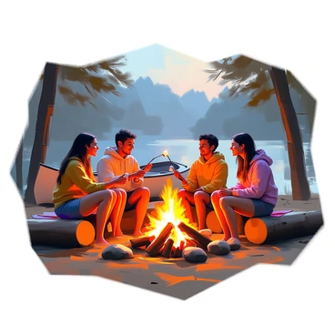 A group of five friends is gathered around a crackling campfire, their faces illuminated by the warm glow of the flames. The friends, a mix of genders and ethnicities, are seated on logs and blankets, sharing stories and laughter. One person is roasting a marshmallow on a stick, while another is leaning back, looking up at the stars. Behind them, a canoe is pulled up on the sandy shore, resting at an angle, partially covered in shadows from the surrounding trees. The atmosphere is relaxed, with the dark silhouettes of forest trees framing the scene and the gentle ripples of water visible in the background.