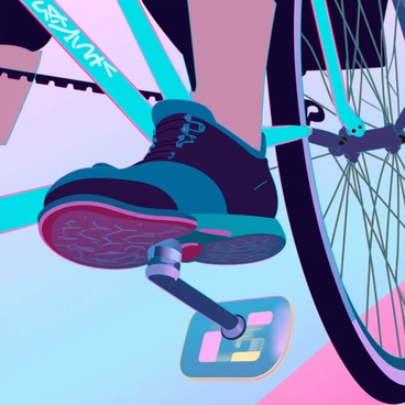 A close-up view of a BMX rider's foot positioned firmly on a metallic pedal. The rider's foot is wearing a black skate shoe with a textured grip sole. The background is filled with a blurred view of a concrete skatepark, capturing the motion and energy of the moment. The rider's bike frame is visible, showcasing vibrant colors and intricate details. The pedal is slightly scratched, indicating usage, and the rider's foot is angled perfectly as they execute a tailwhip trick. The image conveys the intensity and skill involved in BMX riding.