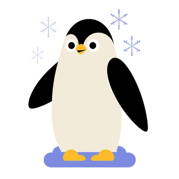 A penguin made up of small, colorful pixel-like squares gives it a digital appearance. The penguin has a black and white body, with the squares creating a textured effect on its feathers. Its eyes are large and expressive, made of bright white and black pixels. The penguin stands on a simple blue ice platform, with a few pixelated snowflakes falling around it, enhancing the digital theme.