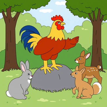 A colorful rooster with vibrant feathers of red, orange, and yellow stands on a large rock in the middle of a lush green forest. The rooster has bright, expressive eyes and is puffing out his chest proudly. Surrounding him are several younger animals, including a curious little rabbit with soft gray fur, a playful squirrel with a bushy tail, and a small fawn with light brown spots. The rooster is gesturing with one wing, as if imparting wisdom, while the animals listen attentively with their ears perked up. Sunlight filters through the leaves, casting dappled shadows on the forest floor.