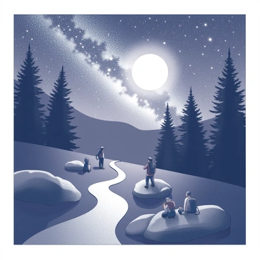 A winding trail illuminated by moonlight, leading through a silhouette of trees. A group of hikers is positioned along the trail, with some sitting on nearby rocks. They are gazing upwards at the expansive sky, which is filled with numerous stars and the distinct band of the "Milky Way." The hikers are dressed in outdoor attire, with backpacks resting beside them. The scene captures the awe and wonder of nature at night.