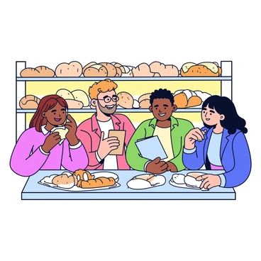 A group of people enjoying a bread tasting event in a bakery