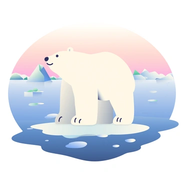 A large polar bear with thick white fur is standing on a small, melting ice floe in the Arctic Ocean. The ice floe is surrounded by dark blue water, and small chunks of melted ice are floating nearby. The sky above is a soft gradient of light pink and orange hues, indicating a sunrise. In the background, distant icebergs can be seen partially submerged in the water. The polar bear is looking out towards the horizon, with its paws slightly apart on the ice.