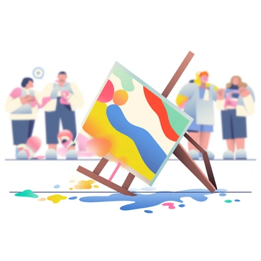 An artist's canvas, featuring a vibrant abstract painting with splashes of blue, yellow, and red, is toppling over. The canvas is mounted on a wooden easel that is leaning at an awkward angle. Below, the floor is splattered with paint in various colors, creating a chaotic pattern on the ground. In the background, there are blurred figures of people observing the outdoor exhibit, some are gasping in surprise, while others are reaching out to catch the falling canvas. Soft natural light bathes the scene, highlighting the vivid colors of the paint against the neutral tones of the outdoor setting.