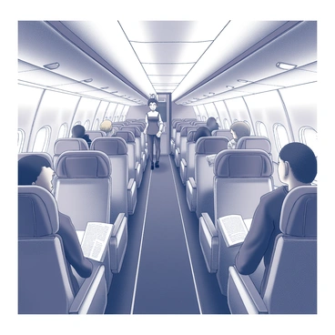 An airplane interior lit by soft evening lights with peaceful passengers