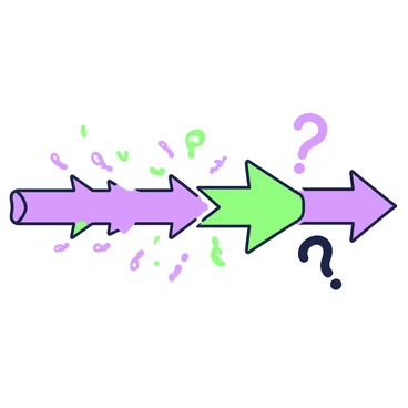 A visual representation of a chain of cause-and-effect arrows. The arrows are illustrated in a sequence, starting from the left and moving towards the right. Each arrow is clearly defined, showing a straightforward progression of ideas. However, at a specific point in the middle of the sequence, the arrow breaks unexpectedly, creating a jagged line instead of a smooth transition. Surrounding the broken arrow, there are question marks to emphasize the illogical nature of the interruption. The overall composition is organized and clear, highlighting the contrast between the logical flow and the disruption.