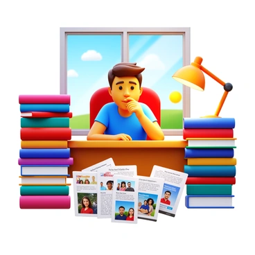 A young adult sitting at a wooden desk, surrounded by an array of colorful books stacked haphazardly. Several career brochures are spread out on the desk, featuring various professions and opportunities. The individual has a thoughtful expression, with a hand resting on their chin as they gaze into the distance, deep in contemplation. A warm desk lamp casts a soft glow over the scene, highlighting the titles of the books and the vivid images on the brochures. A window in the background reveals a glimpse of a sunny day outside.