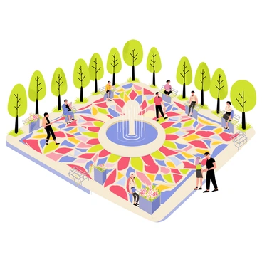 A public square featuring a vibrant mosaic tiled floor with a variety of geometric patterns in bright colors such as red, blue, yellow, and green. The square is surrounded by lush green trees and small flower beds filled with blooming flowers. In the center, there is a large stone fountain with water gently flowing down into a circular basin. People of different ages and backgrounds are scattered around the square, some sitting on benches, while others walk and interact. A clear blue sky is visible overhead, creating a cheerful atmosphere.
