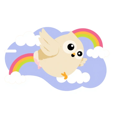 A baby owl with soft, downy feathers flapping its small wings as it soars through fluffy white clouds. The owl has big, expressive eyes and a rounded face, giving it a cute appearance. In the background, a vibrant rainbow arcs gracefully across the blue sky, contrasting against the white clouds. The scene captures the lightness of the owl's flight and the colorful beauty of the rainbow.