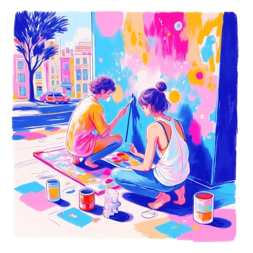 Two artists are working on a large, colorful mural on a city wall. The first artist, a woman with short curly hair, is applying bright blue paint with a large brush. She is wearing a paint splattered smock and has a focused expression. The second artist, a man with long hair tied back, is sketching outlines in black chalk. He is wearing a tank top and has paintbrushes tucked behind his ear. Around them, cans of paint in various vibrant colors are scattered on the ground. The wall features a vibrant design that includes abstract shapes and bold patterns. In the background, urban buildings and trees are visible, adding context to the scene.