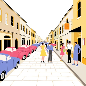 A cobblestone street lined with charming old-fashioned buildings featuring ornate facades. Parked along the sides of the street are several vintage cars with rounded shapes and bright colors, such as a red convertible and a blue sedan. Groups of people walk along the sidewalk, dressed in mid-20th-century attire, including men in fedora hats and women in A-line dresses with cinched waists. There are a few street lamps casting warm light, and a classic shopfront with a wooden sign hangs nearby, adding to the nostalgic atmosphere.