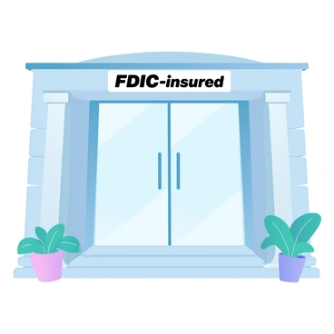 A large bank entrance featuring glass doors that are sleek and modern. Above the doors, there is a prominent "FDIC-insured" sign displayed clearly, emphasizing the bank's security. The entrance is flanked by tall columns, and there are potted plants on either side, adding a touch of greenery. The building's facade is designed with a combination of stone and glass, reflecting a sense of stability and trust. The lighting is soft, casting a warm glow on the entrance area, inviting customers inside.