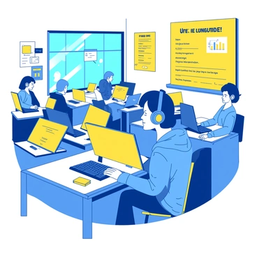 A yellow student wearing a blue hoodie sits at a desk in a language laboratory. The student has a focused expression while listening to audio lessons through large blue headphones. Surrounding the student, there are several other desks with yellow computers, each with students wearing headphones engaged in their lessons. The room is filled with bright yellow posters on the walls, displaying various languages and learning materials. A blue window allows natural light to filter into the space, creating a productive atmosphere for learning.