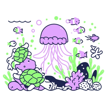 A lively underwater scene filled with various ocean creatures. In the center, there is a large jellyfish with flowing tentacles. Surrounding it, colorful fish of different shapes and sizes swim in schools. To the left, a sea turtle glides gracefully, its shell detailed with intricate patterns. On the right, a group of starfish clings to a rock, showcasing their distinctive arms. Bubbles rise from the ocean floor, where a variety of corals and sea plants create a bustling habitat for the marine life.