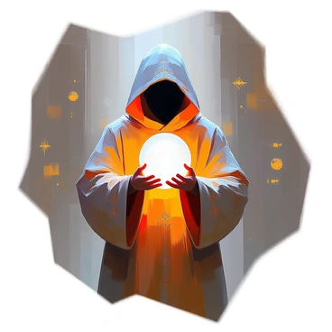 A robed figure with intricate patterns on their garment is standing in a shadowy setting. The figure's face is partially obscured by the hood, and their hands are delicately cradling a mystic orb. The orb is emitting a soft, ethereal glow, illuminating the figure's hands and casting gentle light on their robe. The atmosphere around them is dark, enhancing the orb's luminescence and creating a sense of mystery. The background features hints of ancient symbols and shapes that suggest a hidden knowledge.