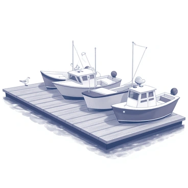 A seaside dock with wooden planks running along the water's edge. Several small boats are tied up at the dock, gently bobbing on the waves. The boats vary in size and shape, each with distinct features such as masts, ropes, and fenders. The marina is surrounded by a calm body of water reflecting the surrounding environment. A few seagulls can be seen perched on the dock and flying overhead. The scene captures the essence of a quaint, tranquil maritime setting.