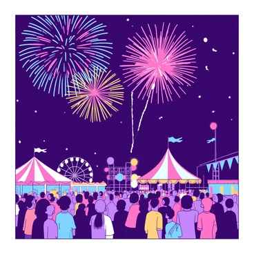 A vibrant fireworks display is bursting in the night sky above a lively fair. The fireworks explode in a variety of shapes and colors, creating a dazzling spectacle. Below, a crowd of people is gathered, looking up in awe as the colorful lights reflect on their faces. Colorful fairground rides, such as a ferris wheel and carousel, are visible, illuminated by the glow of the fireworks. Colorful banners and stalls are set up around the fair, adding to the festive atmosphere.