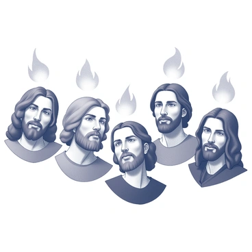 A series of portraits depicting the apostles, each with distinct features and expressions that reflect their individual personalities. Above each apostle's head, there are stylized symbols of flames, representing inspiration and divine presence. Each portrait is framed in a way that emphasizes the facial details of the apostles while showcasing the flames in a dynamic manner. The background provides a subtle context to enhance the overall composition, allowing the focus to remain on the apostles and their symbols.