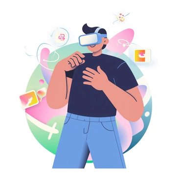 A person with dark hair is standing in a vibrant digital landscape while wearing a virtual reality headset. They are wearing a fitted black shirt and blue jeans. The digital landscape is filled with bright colors, featuring geometric shapes and swirling patterns in shades of pink, green, and blue. Around the person, floating holographic elements include interactive icons and visual fragments that seem to come alive in the air. The person's hands are positioned in front of them, as if they are interacting with the digital environment.